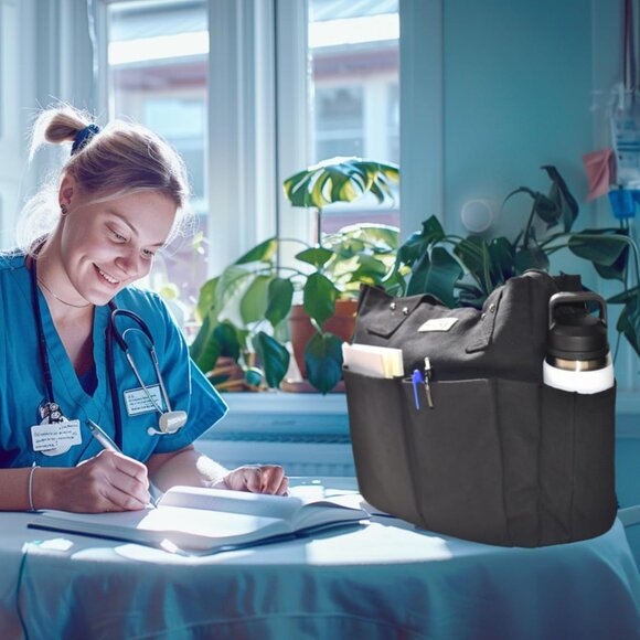 Women's Black Tote Bags Large Utility Bags with Pockets Zip for Teacher Work - Picture 7 of 8